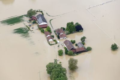 An aerial view of submerged houses following floods in the Bavarian village of Simbach am Inn east of Munich, Germany, June 2, 2016. REUTERS/Michaela Rehle